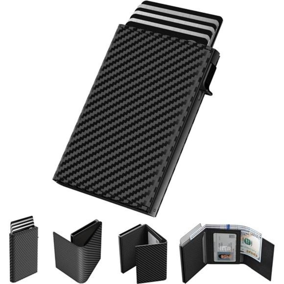 Mens Wallet Card Holder: Pop Up Aluminum Case, Carbon Fiber Leather